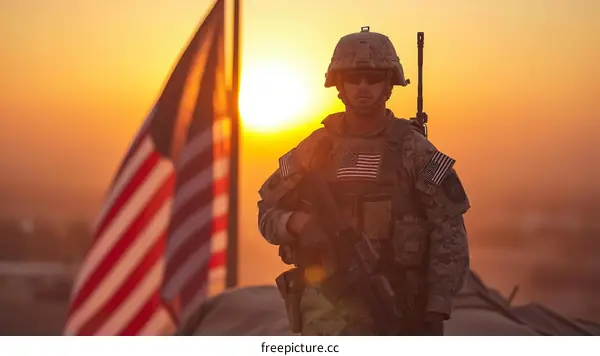U.S. Army soldier stands in front of an American flag in Iraq.
