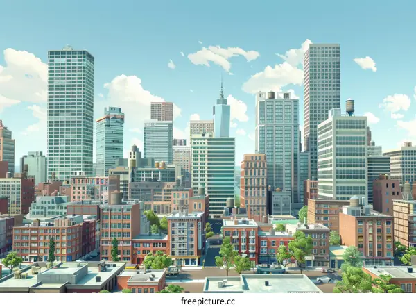 Modern Cityscape: Skyscrapers and Residential Buildings