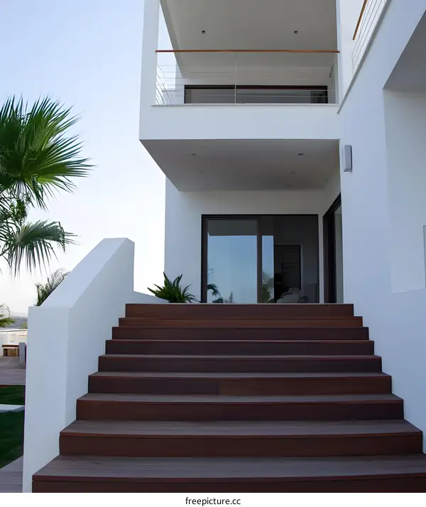 Modern Wooden Stairs Leading to a White Building