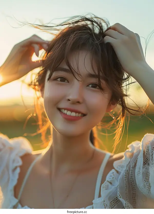 Portrait of a smiling young Asian woman in a white dress standing in a field of wheat
