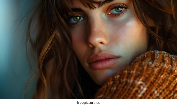 portrait of a young woman with freckles and green eyes