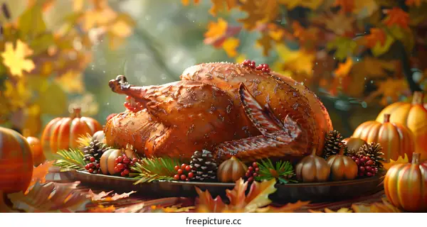 Thanksgiving dinner with roasted turkey, pumpkins, and autumn leaves