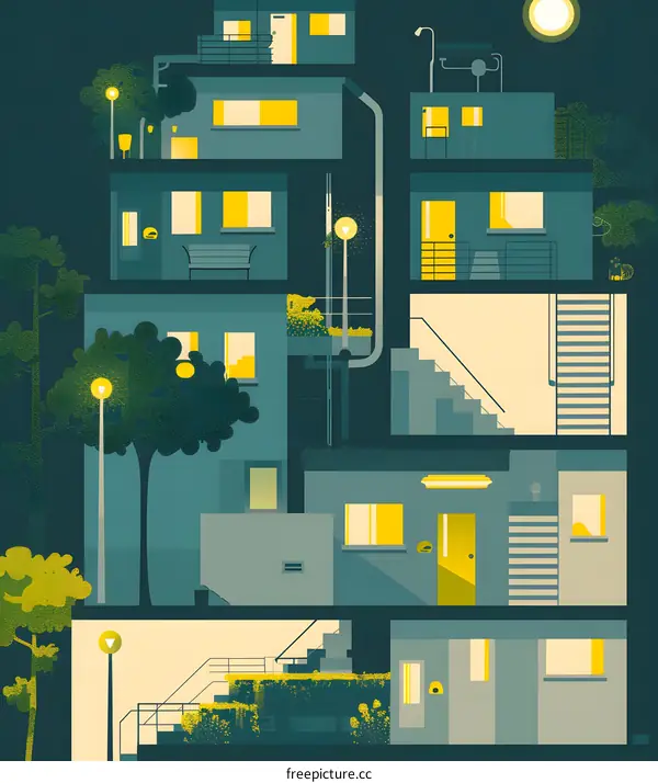 Abstract Illustration of Modern Building Exterior at Night