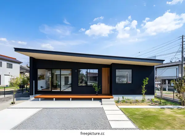 Modern Black House with Wooden Deck and Front Yard