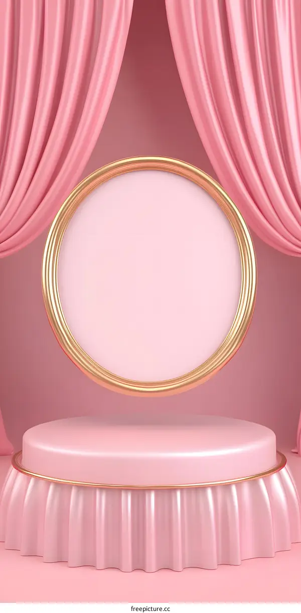 Pink and Gold 3D Rendered Podium with Curtains