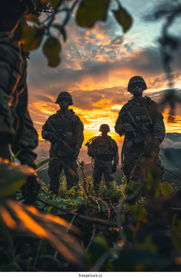 Three soldiers in full gear standing in front of a sunset.