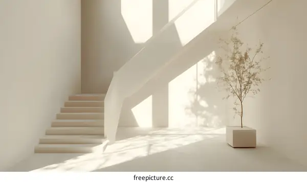 Minimalist White Interior Design With Stairs And A Plant