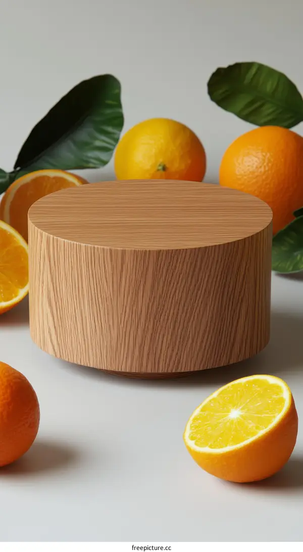 Wooden Display Stand with Oranges and Leaves