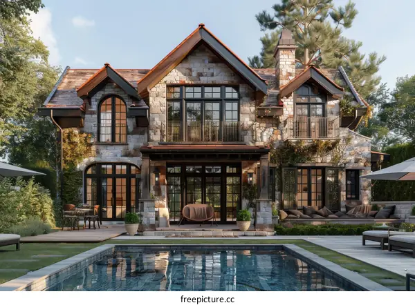Modern luxury stone house exterior with pool