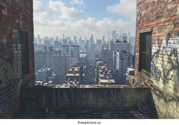 Urban Skyline Viewed from a Run-Down Building