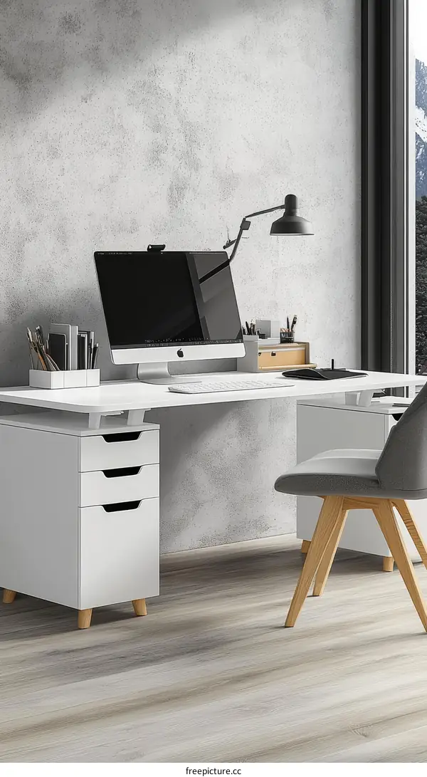 Modern Minimalist Workspace with White Desk and Chair