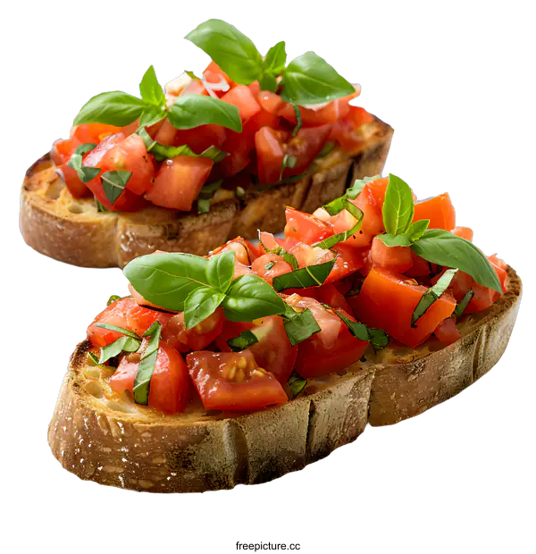 [Transparent Background PNG]Two slices of bruschetta with tomatoes and basil on a white background