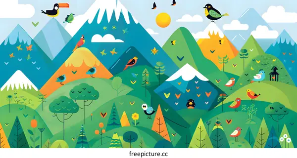Colorful Birds Flying over Green Mountains Illustration