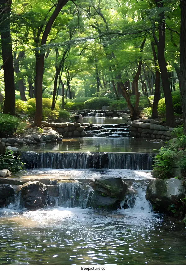 Small Waterfall in a Green Forest
