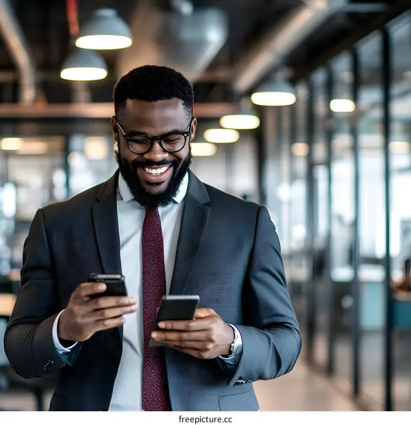 Smiling African American Businessman in Office Using Smartphone