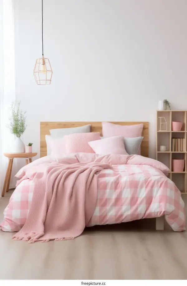 Cozy Pink and White Bedroom with Wood Bed Frame and Copper Light Fixture