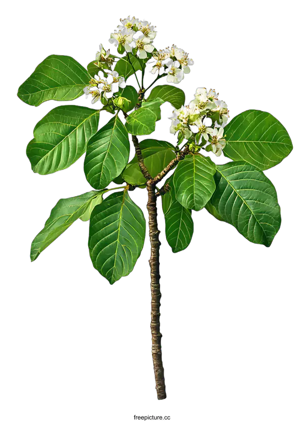 [Transparent Background PNG]Green Branch With White Flowers And Leaves Isolated On White Background