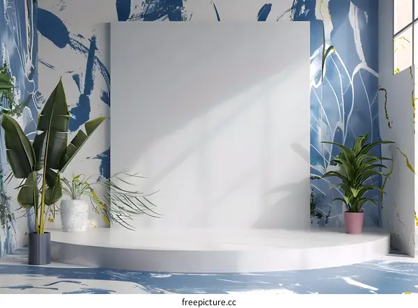 White Circular Product Display Stand With Plants And Blue Abstract Background