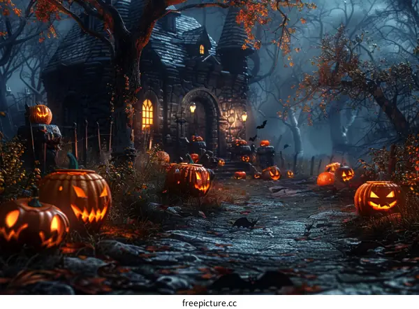 Spooky Haunted House with Glowing Jack-o'-Lanterns in an Eerie Forest