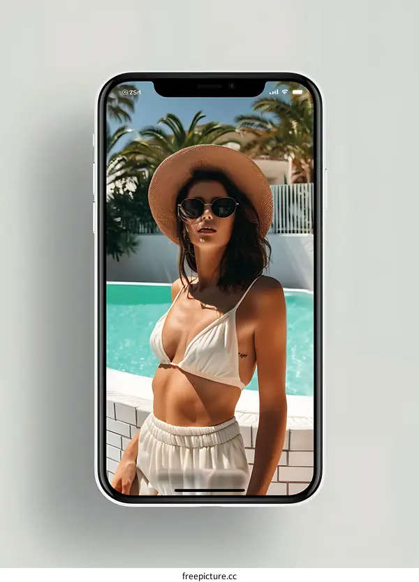 Woman in White Bikini by the Pool on Phone Screen