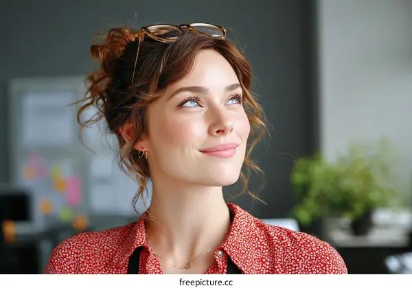 Thoughtful Woman with Glasses Looking Upward