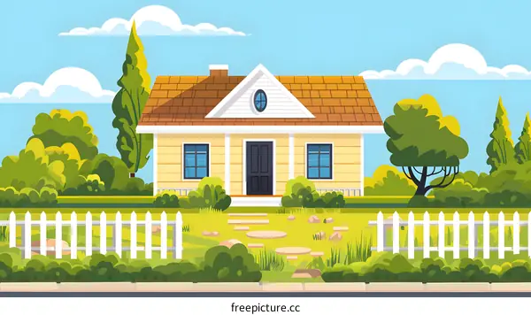 Yellow House with Green Trees and White Fence