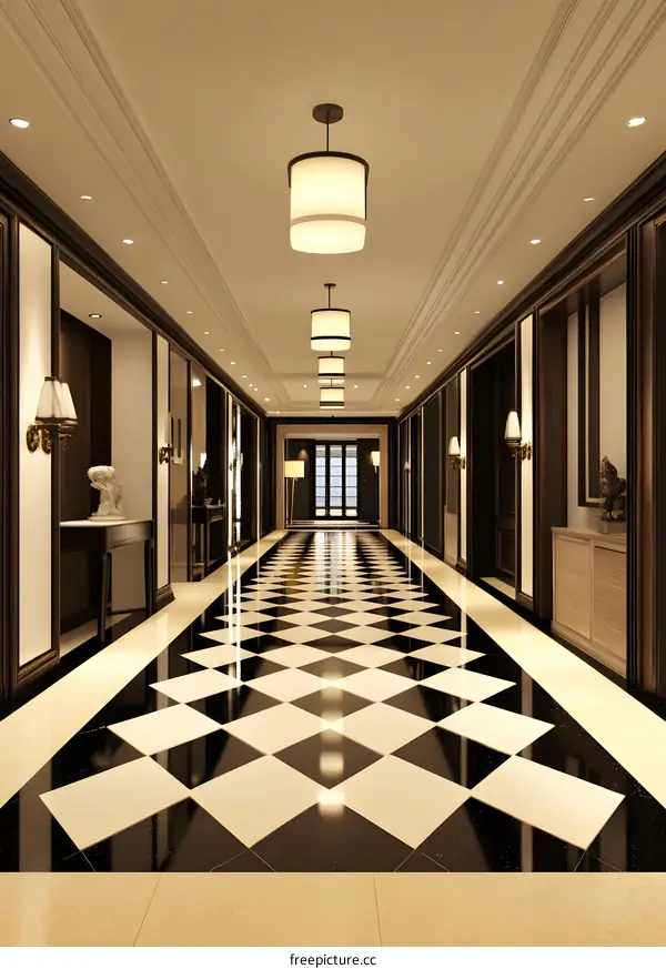Luxury Hotel Corridor with Checkerboard Floor and Elegant Lighting