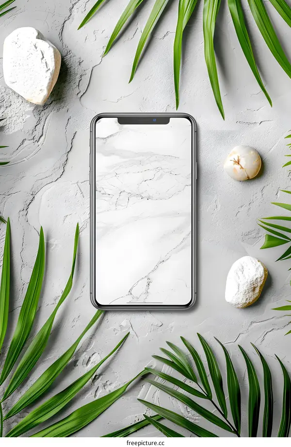 Modern Smartphone Mockup with Palm Leaves and White Stones on Gray Background
