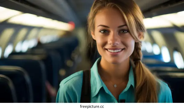 Portrait of a smiling young woman with blonde hair in a blue shirt on an airplane