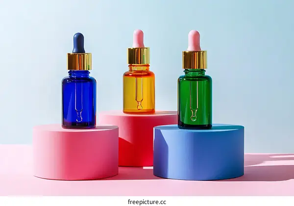 Cosmetic Dropper Bottles on Colorful Display