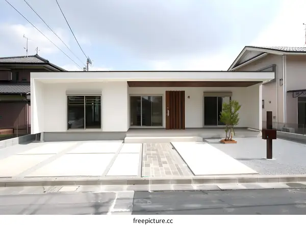 Modern White House with Brown Wooden Door and Small Tree in Front Yard