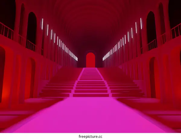 Red Neon Archway Leading To An Empty Staircase