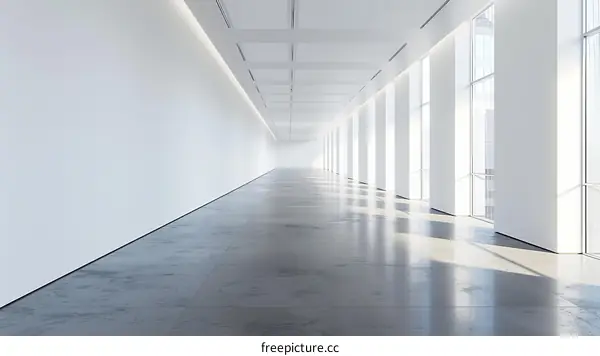 Modern Empty Gallery Interior with White Walls and Large Windows