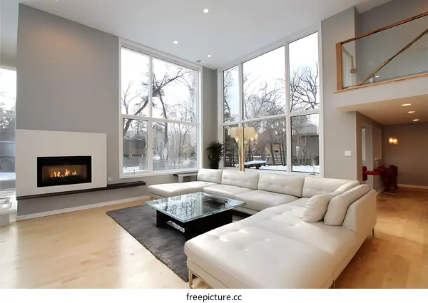 Modern Living Room with Large Windows and Fireplace