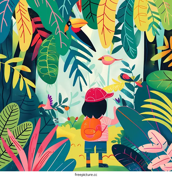 Kid Exploring Colorful Jungle With Birds