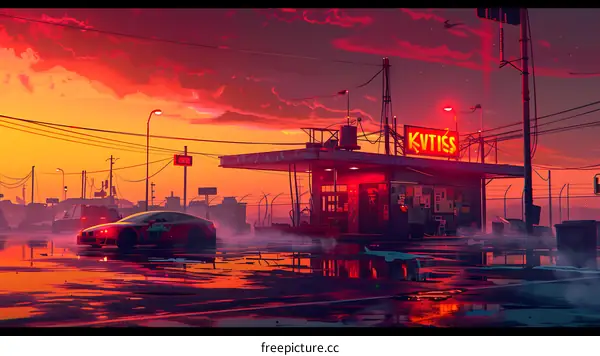 Neon Sunset Street with a Gas Station and Car