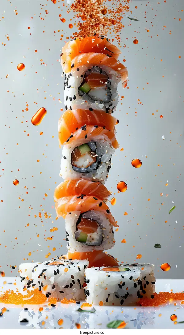 A stack of sushi with orange garnish