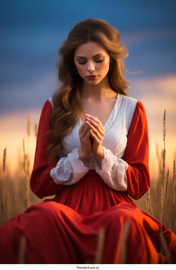 Girl Praying in a Wheat Field at Sunset