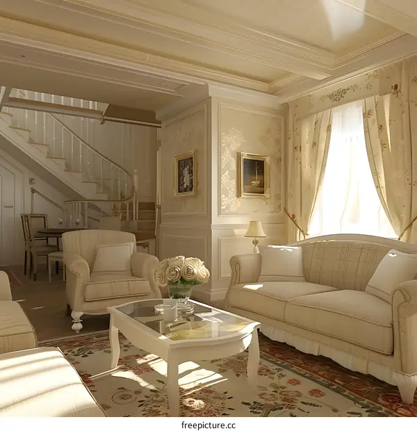 Elegant Living Room Interior Design With White Furniture And Floral Patterned Wallpaper