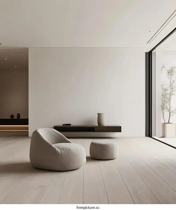 Minimalist Living Room Interior Design with Beige Armchair and Ottoman