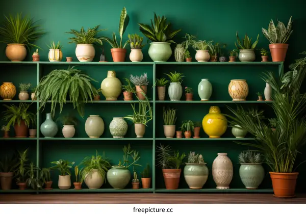 An Abundance of Greenery: A Collection of Potted Plants on Shelves Against a Green Wall