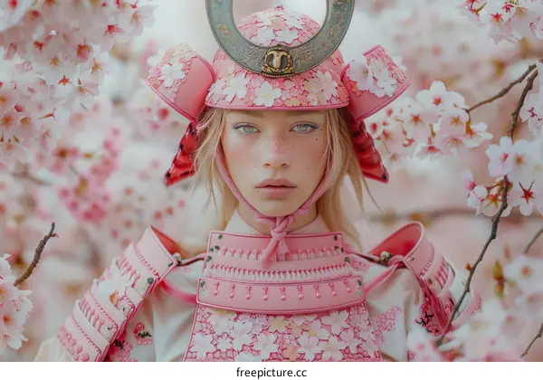 Pink Samurai Beneath Cherry Blossoms
