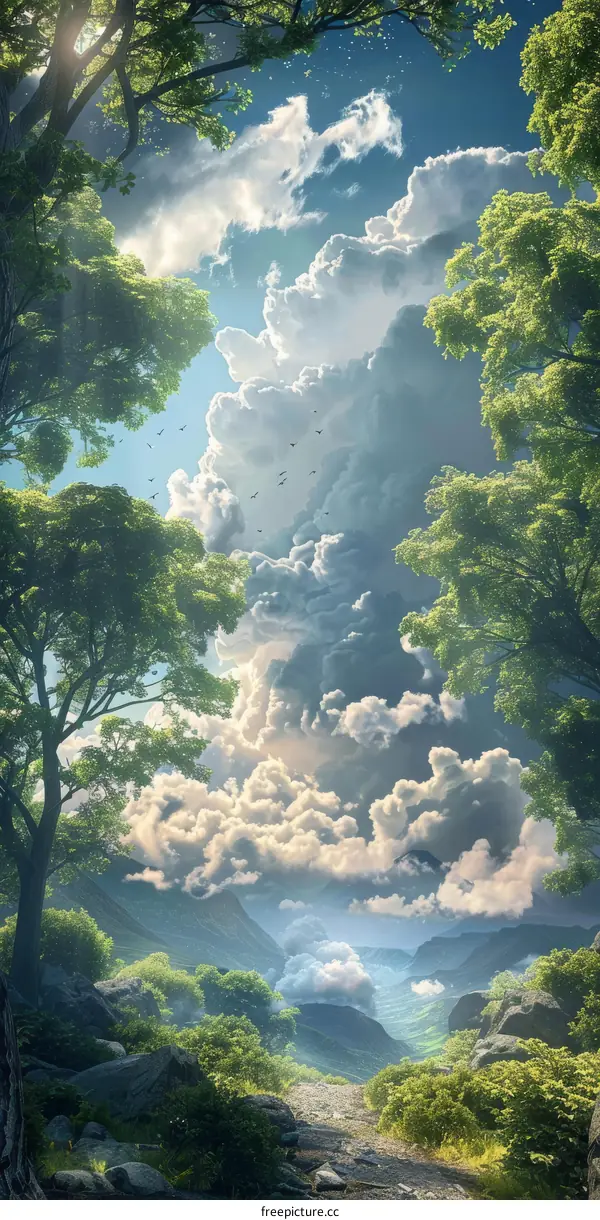 Enchanted Forest Pathway Under a Dramatic Sky