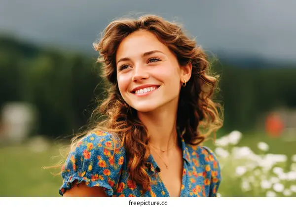 Smiling Caucasian Woman in Floral Dress Outdoors
