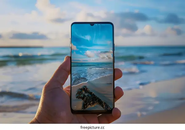 Hand Holding Smartphone Displaying Beach Scene