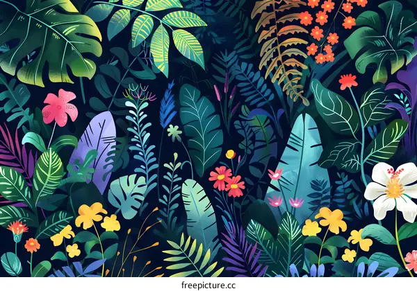 Colorful Tropical Leaf and Flower Pattern