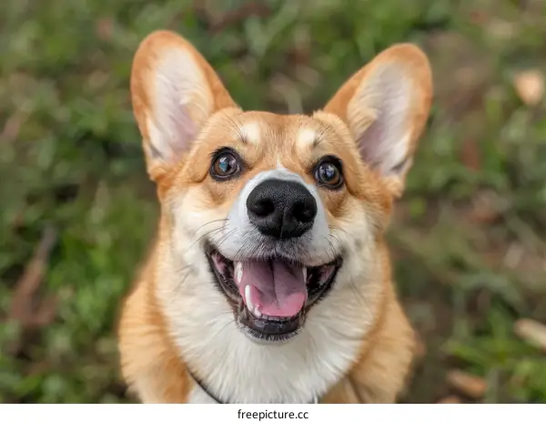 A happy corgi dog with a big smile on its face