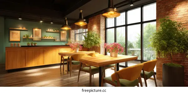 Modern Cafe Interior Design with Wooden Furniture