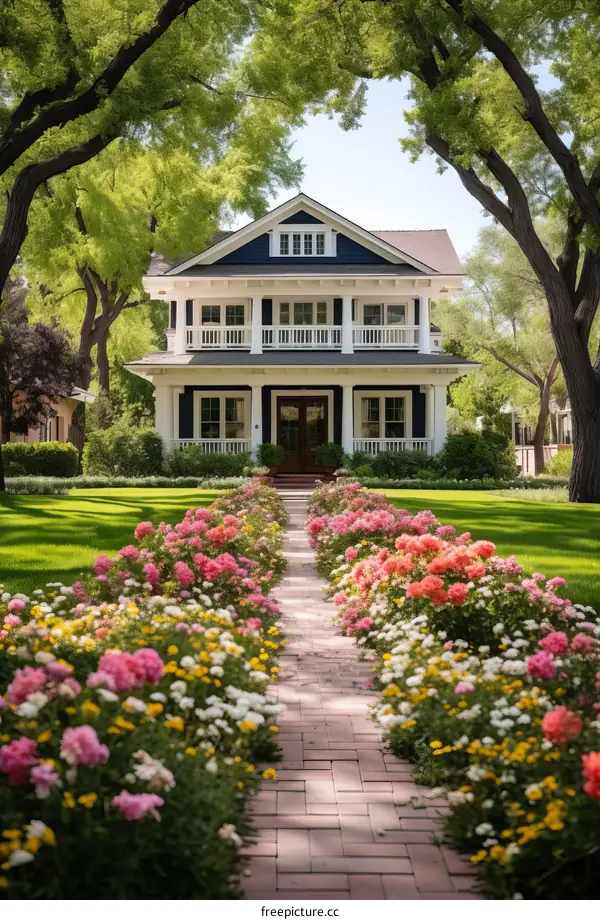 A beautiful house with a flower garden in front