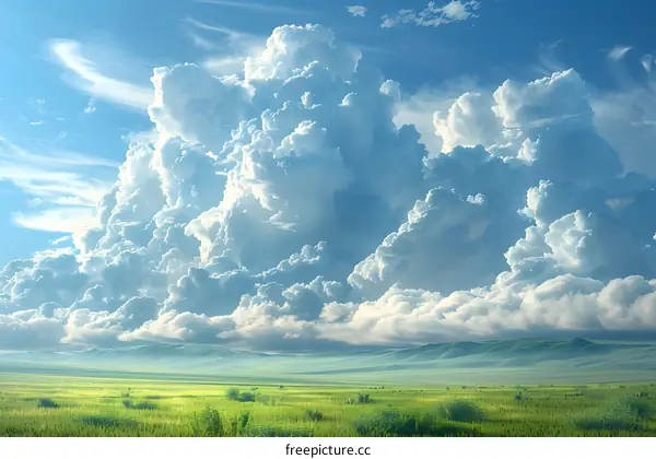White Clouds Over Green Grassland